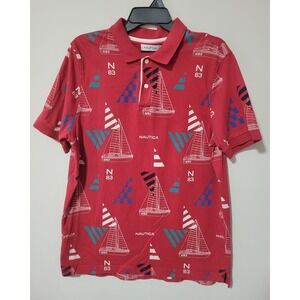 Nautica Polo Shirt Mens Large Red Nautical Graphic Sailboat N83 Short Sleeve